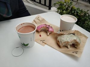 Chocolate drink, latte and 2 amazing doughnuts at Crosstown Doughnuts Vegan in London