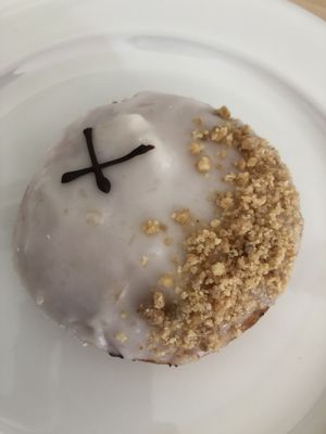 Doughnut with rhubarb filling at Crosstown Doughnuts Vegan in London