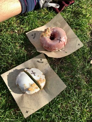 Lemon thyme donut and lime coconut custard donut at Crosstown Doughnuts Vegan in London