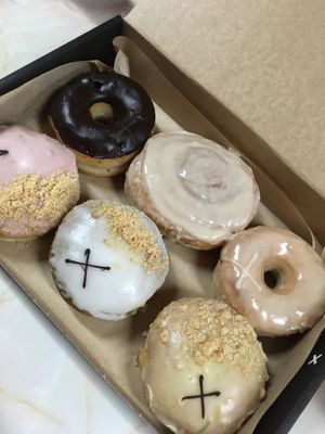 Selection of vegan donuts at Crosstown Doughnuts Vegan in London