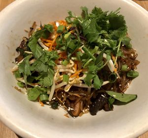 Korean Noodle Bowl (vegan as-is): Sweet potato glass noodles, mushrooms, bean sprouts, spinach, carrot  at True Food Kitchen in Boca Raton