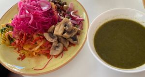 Salad from salad bar and soup of the day (vegan spinach soup)  at Ginger - Radhusplatsen in Helsingborg