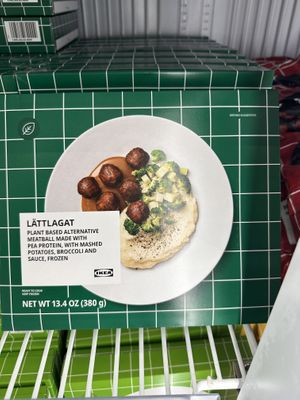 Frozen vegan meatballs with broccoli, mashed potatoes, and gravy   at IKEA in Bloomington