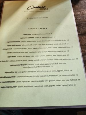 Vegan Menu August 2023 at Carmen Jones in Auckland