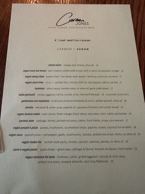 Vegan menu  at Carmen Jones in Auckland