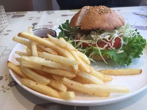 Hamburger and Fries  at Aina Cafe in Osaka