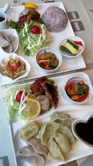 Soy meat gluten plate and gyoza plate - so good! at Aina Cafe in Osaka