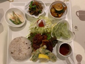 Meat in teriyaki sauce, vegetables tempura and dumplings at Aina Cafe in Osaka