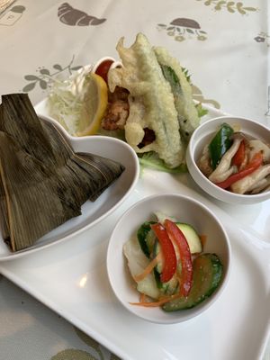 Sticky rice pudding plate with tempura vegetables  at Aina Cafe in Osaka