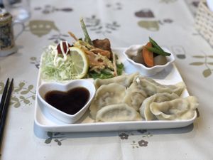 Gyoza set meal at Aina Cafe in Osaka