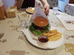 Burger and fries at Aina Cafe in Osaka