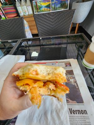 Heated up BBQ Chick'n Panini, smoky AND juicy. at Eat Good Market Deli - Pineapple Express Bistro in Vernon