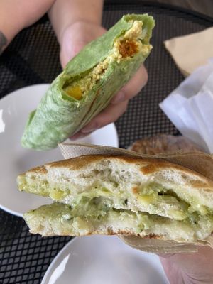 Pesto “chicken” sandwich and breakfast burrito   at Eat Good Market Deli - Pineapple Express Bistro in Vernon