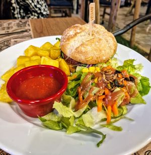 Hamburguesa Vegana con Patatas Bravas y Ensalada at Canadu in Malaga