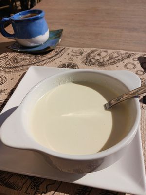 The ajoblanco soup. It contains grapes which are hidden below the surface at Canadu in Malaga