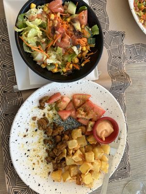 Soya chunks, patata bravad and salad - delicious !  at Canadu in Malaga