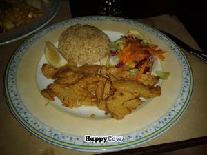Seitan cutlet and rice at Canadu in Malaga