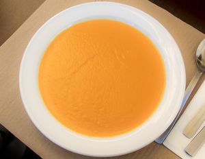 pumpkin soup as 2nd course of 11 euro menu del dia. at Canadu in Malaga