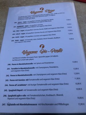 Vegan pizza and pasta menu  at Kamels in Bad Bergzabern