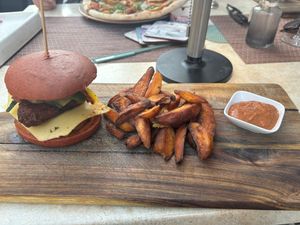 Vegan schnitzel burger with sweet potato fries.   at Kamels in Bad Bergzabern