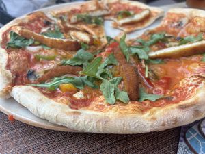 Vegan pizza with “chicken strips”   at Kamels in Bad Bergzabern