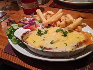 Vegan lasagne salad and chips at Charlie Brown's Diner in Eastbourne