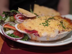 Vegan lasagne salad and garlic bread at Charlie Brown's Diner in Eastbourne