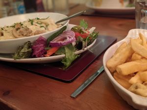 Creamy Mushroom Tagliatelle with Chips! (they told me the customer was always right, I'm pretty sure this was code for...wow that'll be a lot of food, are you sure?!) at Charlie Brown's Diner in Eastbourne