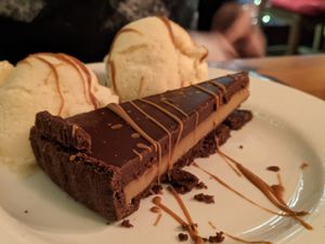 Trillionaires Torte. Gooey and delicious! (vegan and gluten-free apparently) at Charlie Brown's Diner in Eastbourne