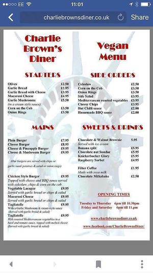 Vegan Menu - Yes all of it is Vegan !! at Charlie Brown's Diner in Eastbourne