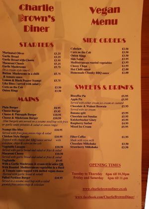 Vegan Menu at Charlie Brown's Diner in Eastbourne