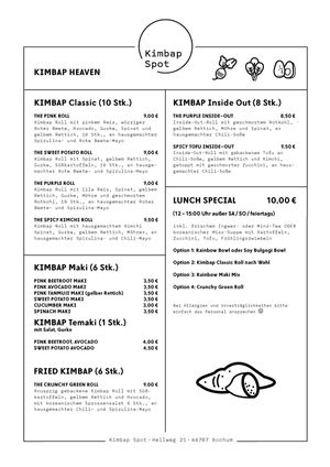 menu page 1 "Kimbap Heaven" (German) at Kimbap Spot in Bochum