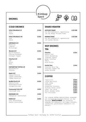 menu page 4 "Drinks" (German) at Kimbap Spot in Bochum