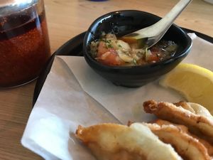 Vegan Gyoza. The hitashi dressing is so delicious. You can also have this with soy sauce. at RAKKAN Ramen - DTLA in Los Angeles