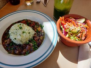 Feijoada + orange ginger spinach juice at Bio.Tequim Vegetariano Restaurante in Tavira