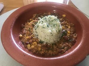 Chili and rice   at Bio.Tequim Vegetariano Restaurante in Tavira