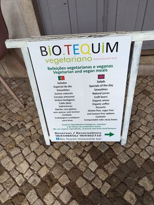 Sign outside at Bio.Tequim Vegetariano Restaurante in Tavira