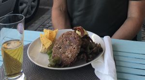 Vegan burger for an omnivore, and he loved it at Bio.Tequim Vegetariano Restaurante in Tavira
