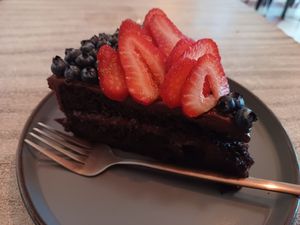 Chocolate cake at Huitzilli Saludable in Merida