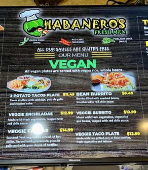 Vegan Menu  at Habanero's Fresh Mex in Las Cruces