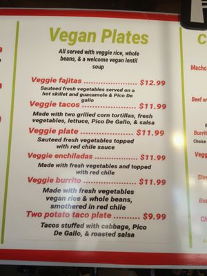 vegan menu at Habanero's Fresh Mex in Las Cruces