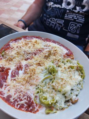 Variety of 3 different Pasta (Tortellini, Canelloni and Tagliatelle) at El Vegetariano de la Alcazabilla in Malaga