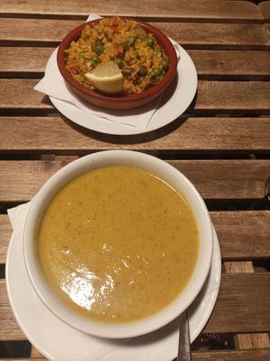 Paella and zucchini soup  at El Vegetariano de la Alcazabilla in Malaga