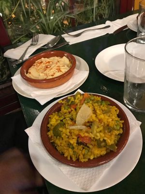 Hummus and paella  at El Vegetariano de la Alcazabilla in Malaga