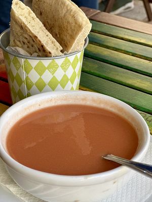 Gazpacho and an order of bread(4 pcs)  at El Vegetariano de la Alcazabilla in Malaga