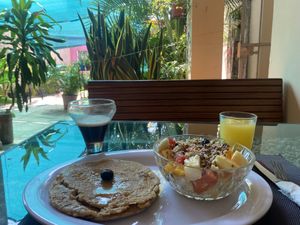Weekend breakfast (iced coffee is slightly more)  at Comiendo Sano Mi Tienda de la Salud in Mazatlan