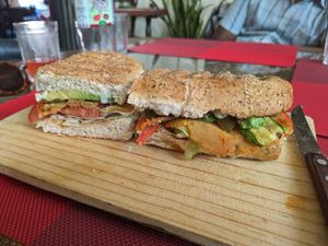 Torta Especial (grilled veg, salad, avo, vegan mayo, seitan 'turkey' slices) at Comiendo Sano Mi Tienda de la Salud in Mazatlan