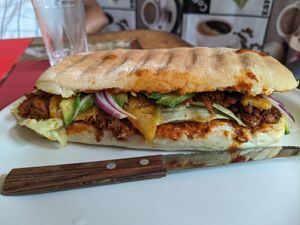 Torta Al Pastor (soy pastor, lettuce, grilled pineapple, onion, avo) at Comiendo Sano Mi Tienda de la Salud in Mazatlan