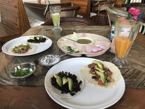 Tacos with fixings; we already ate 3 more. at Comiendo Sano Mi Tienda de la Salud in Mazatlan