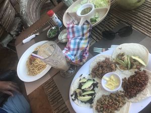 Vegan tacos and vegetarian spaghetti  at Comiendo Sano Mi Tienda de la Salud in Mazatlan